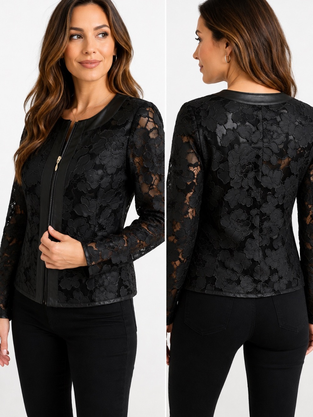 Colleen Lopez Black Floral Lace Faux Leather Trim Jacket Size Small NWOT